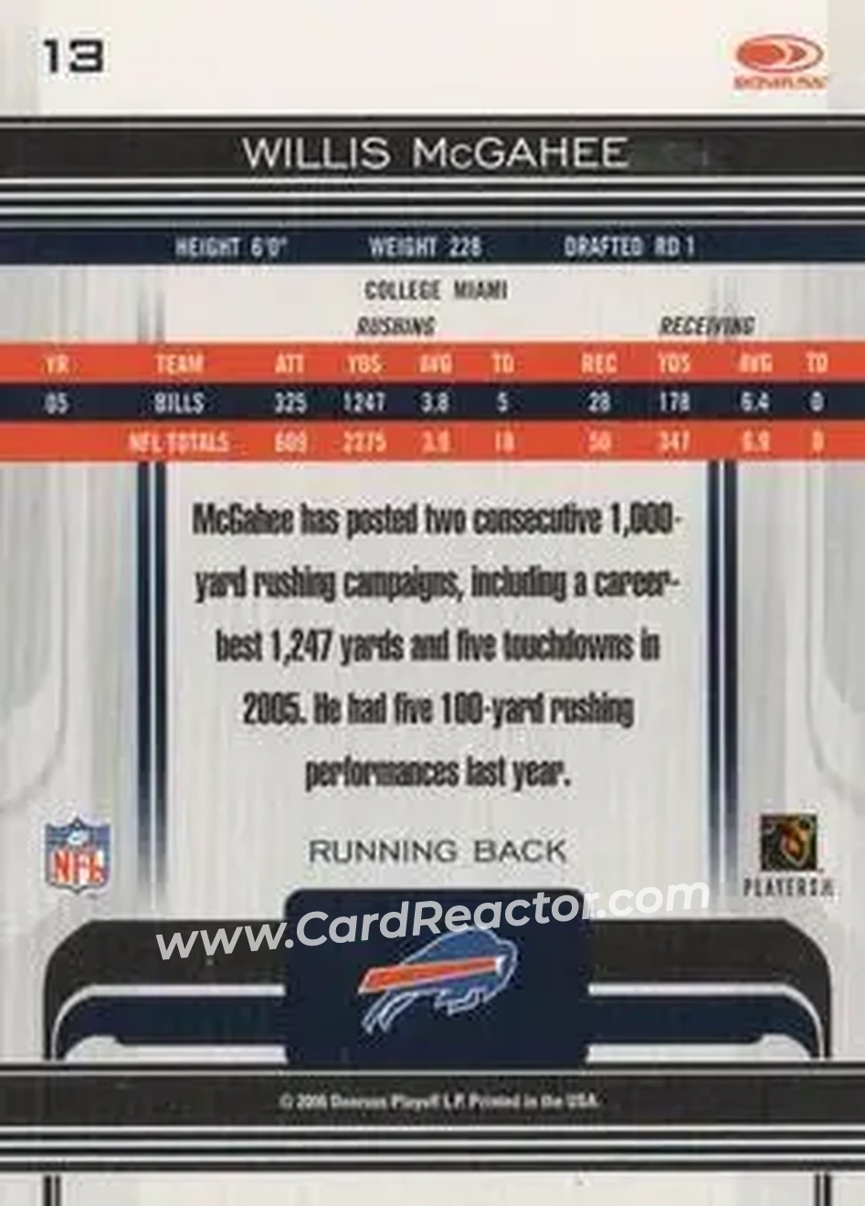 2006 Donruss Gridiron Gear #13 - Willis McGahee - Buffalo Bills - Back