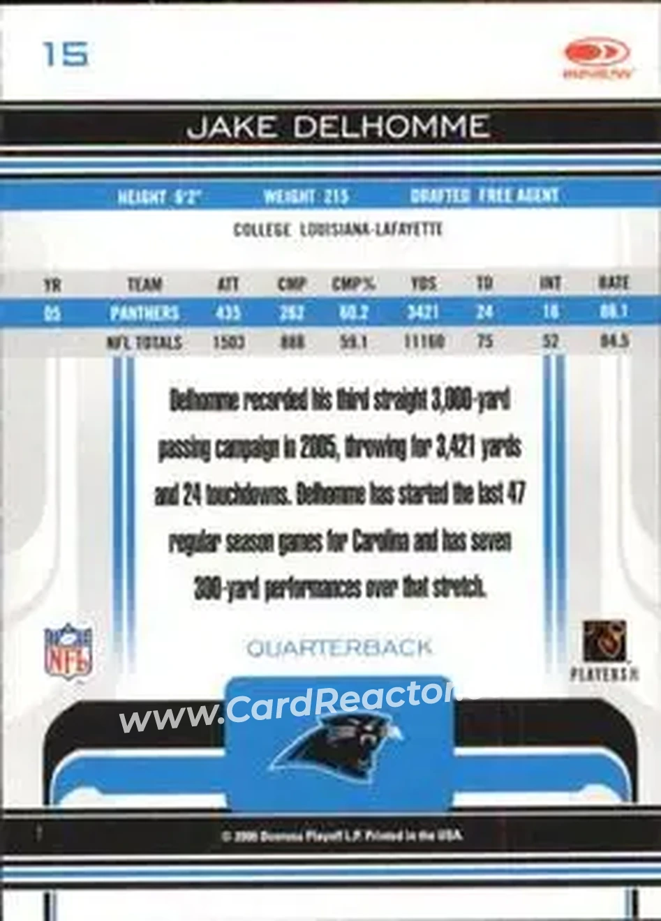 2006 Donruss Gridiron Gear #15 - Jake Delhomme - Carolina Panthers - Back 2006 Donruss Gridiron Gear #15 - Jake Delhomme - Carolina Panthers - Back