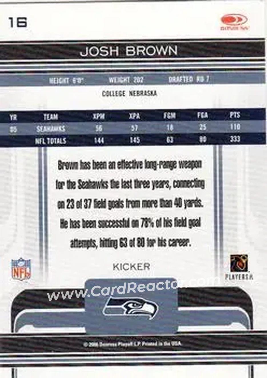 2006 Donruss Gridiron Gear #16 - Josh Brown - Seattle Seahawks - Back