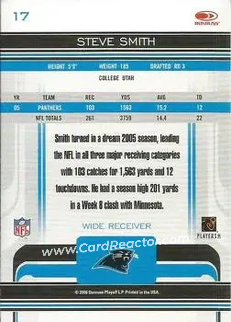 2006 Donruss Gridiron Gear #17 - Steve Smith Sr. - Carolina Panthers - Back 2006 Donruss Gridiron Gear #17 - Steve Smith Sr. - Carolina Panthers - Back