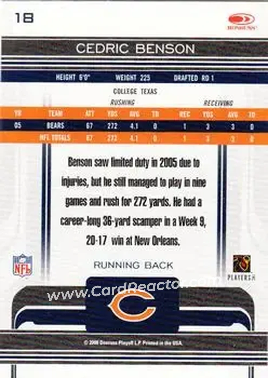 2006 Donruss Gridiron Gear #18 - Cedric Benson - Chicago Bears - Back