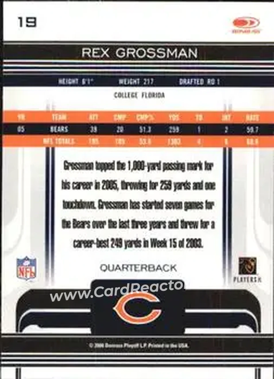 2006 Donruss Gridiron Gear #19 - Rex Grossman - Chicago Bears - Back
