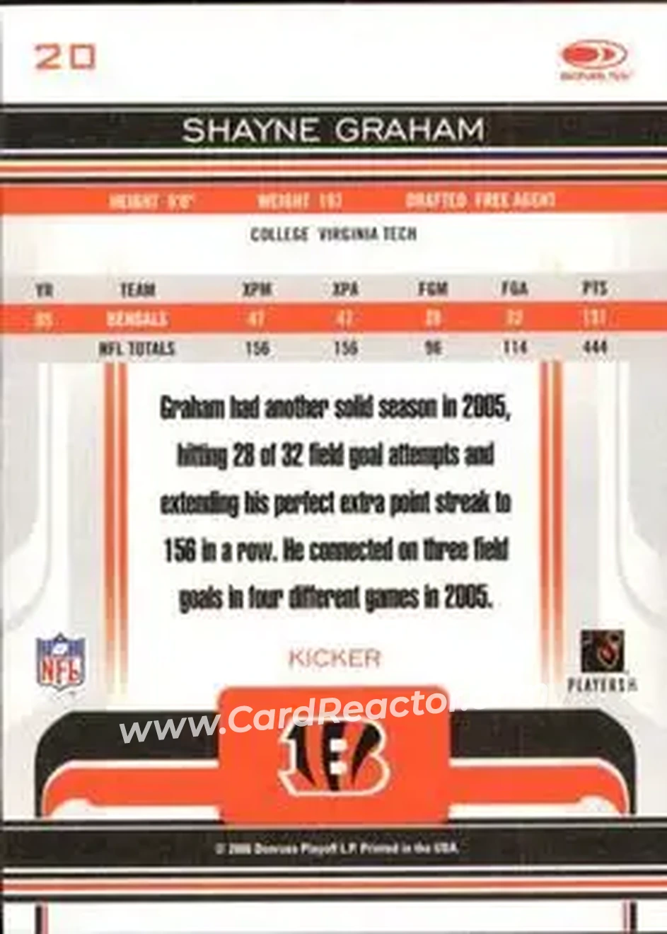 2006 Donruss Gridiron Gear #20 - Shayne Graham - Cincinnati Bengals - Back