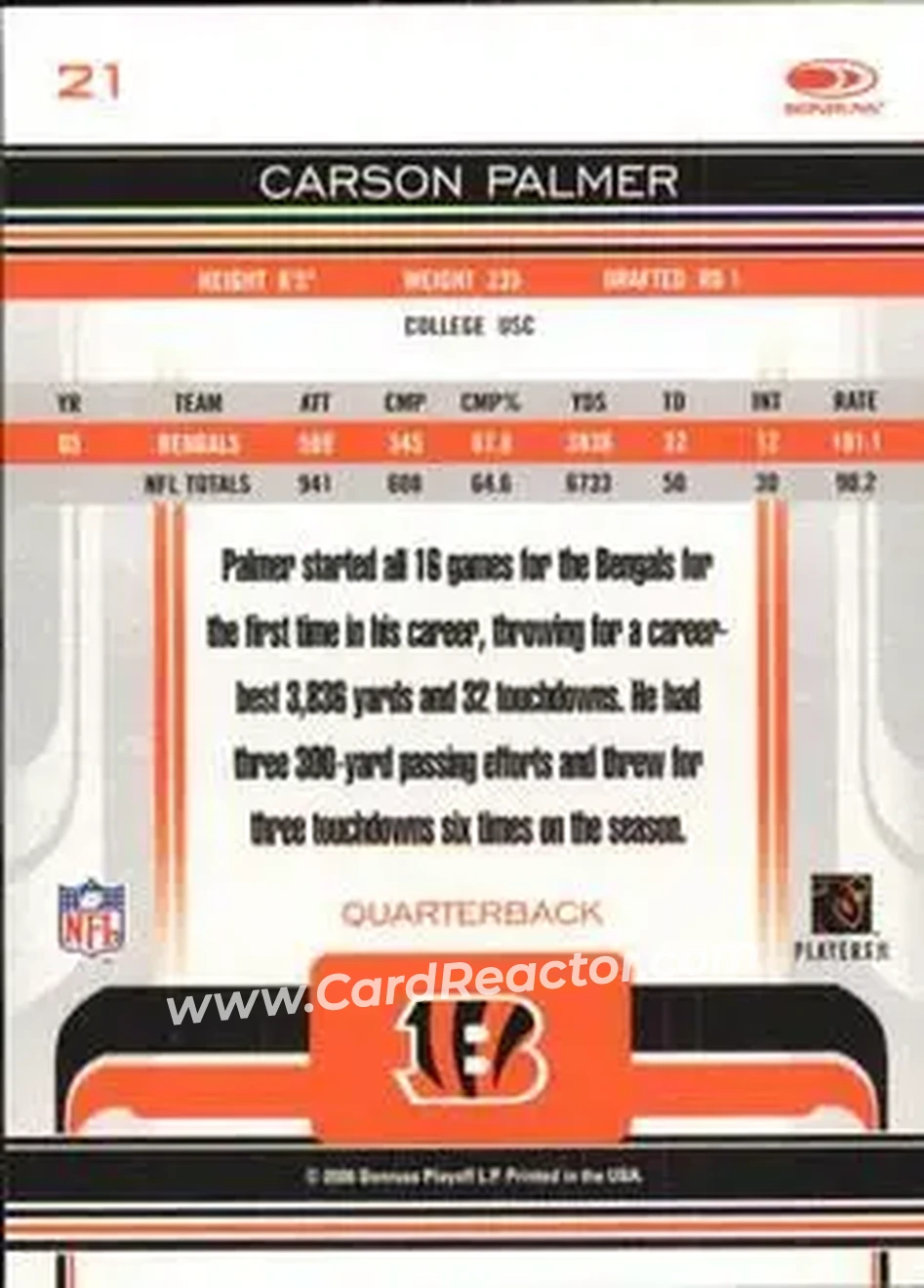 2006 Donruss Gridiron Gear #21 - Carson Palmer - Cincinnati Bengals - Back 2006 Donruss Gridiron Gear #21 - Carson Palmer - Cincinnati Bengals - Back