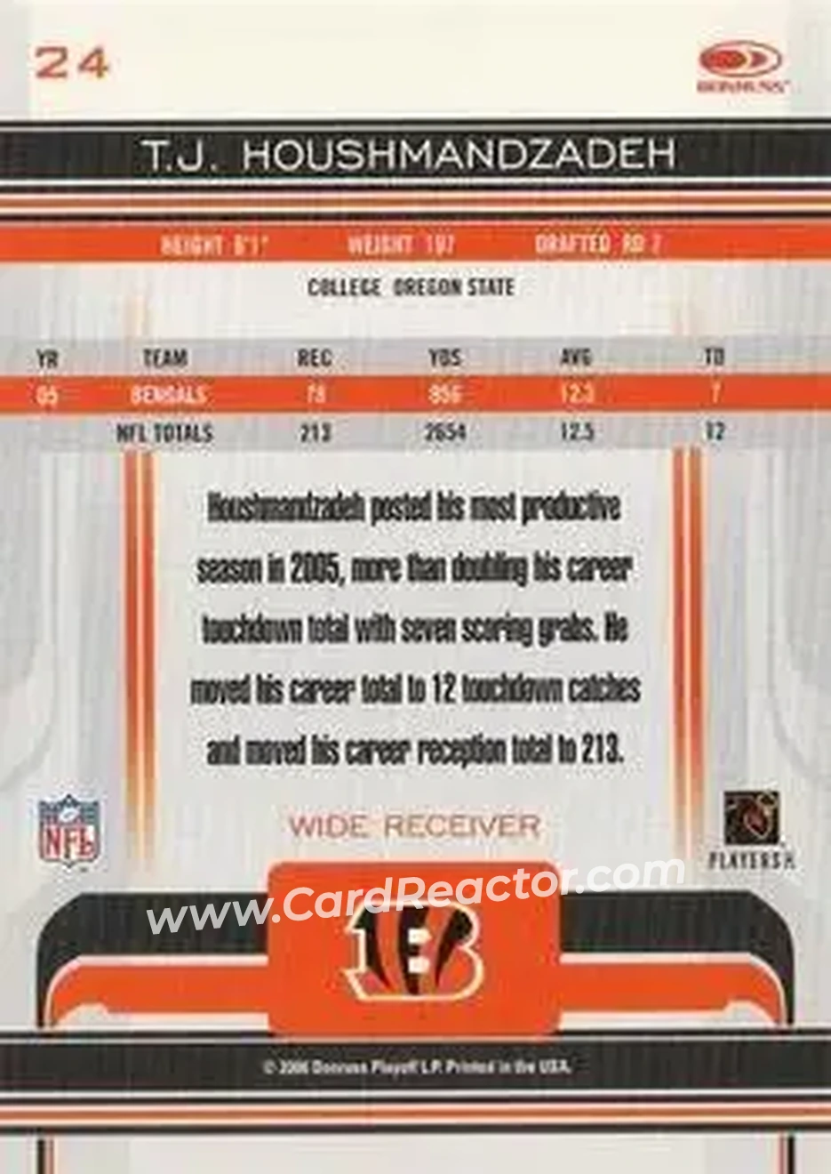 2006 Donruss Gridiron Gear #24 - T.J. Houshmandzadeh - Cincinnati Bengals - Back 2006 Donruss Gridiron Gear #24 - T.J. Houshmandzadeh - Cincinnati Bengals - Back