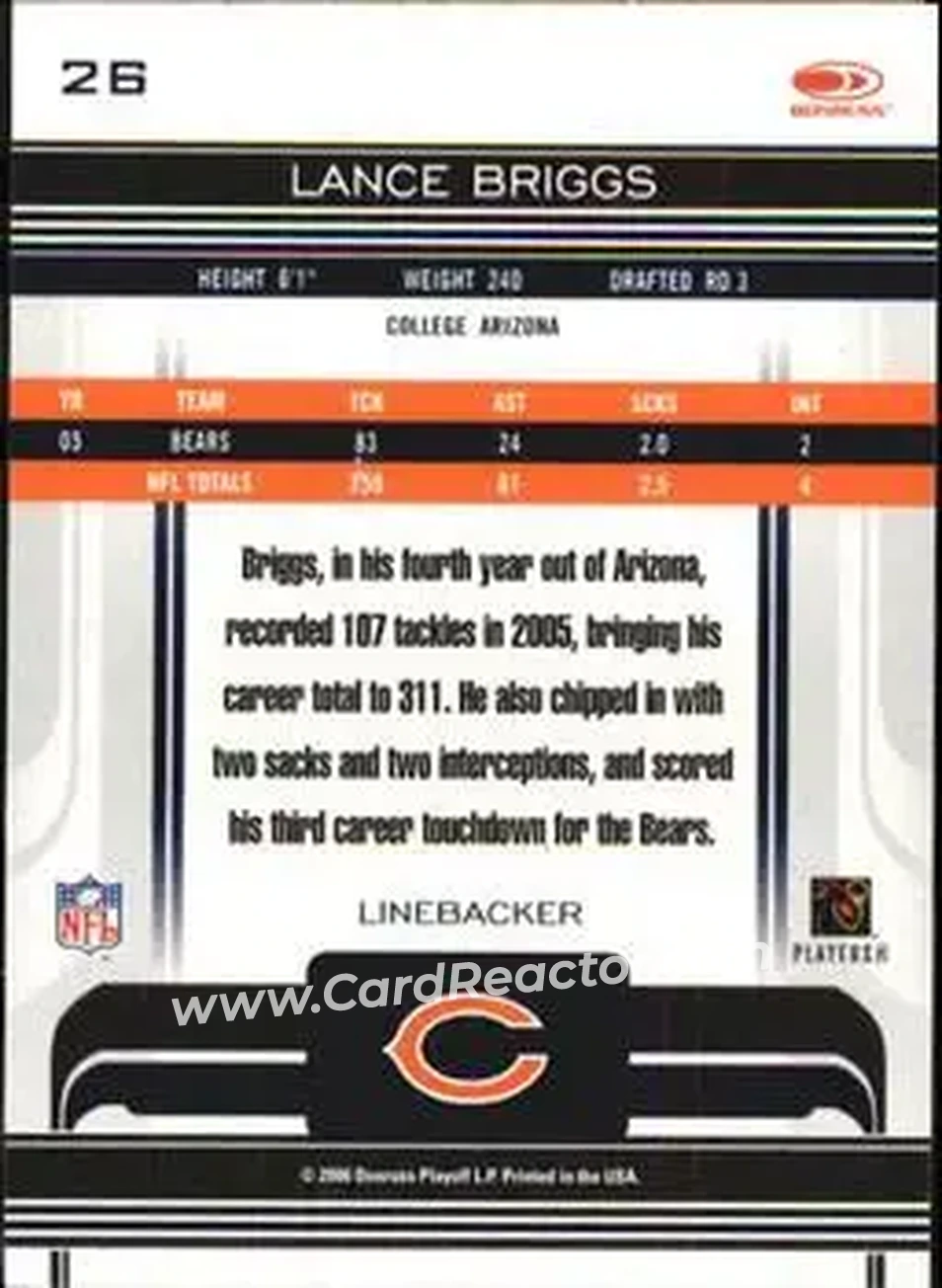 2006 Donruss Gridiron Gear #26 - Lance Briggs - Chicago Bears - Back