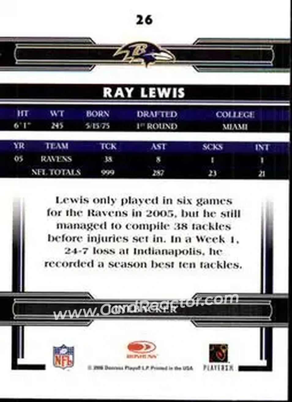 2006 Donruss Threads #26 - Ray Lewis - Baltimore Ravens - Back