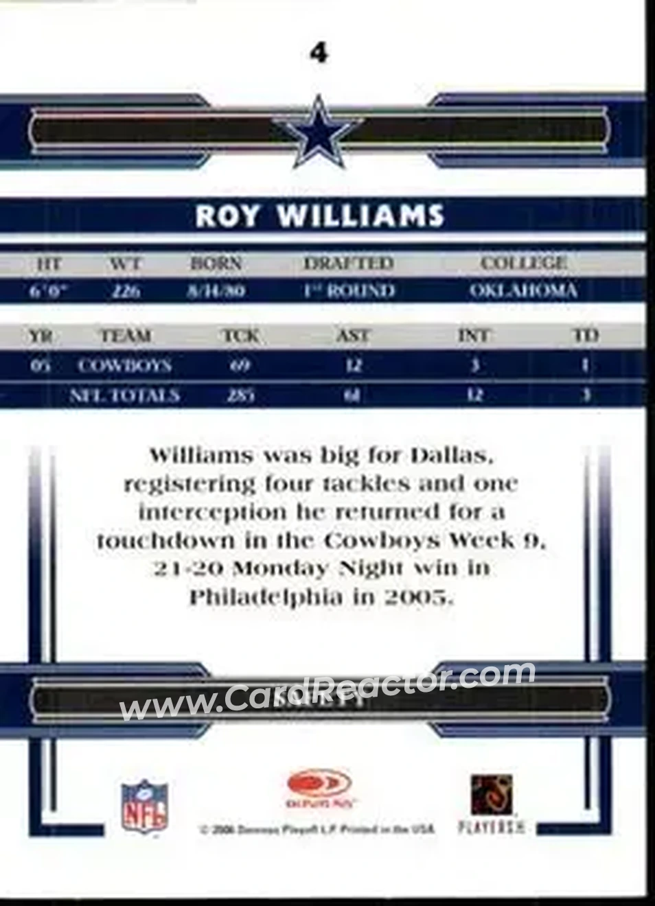 2006 Donruss Threads #4 - Roy Williams - Dallas Cowboys - Back
