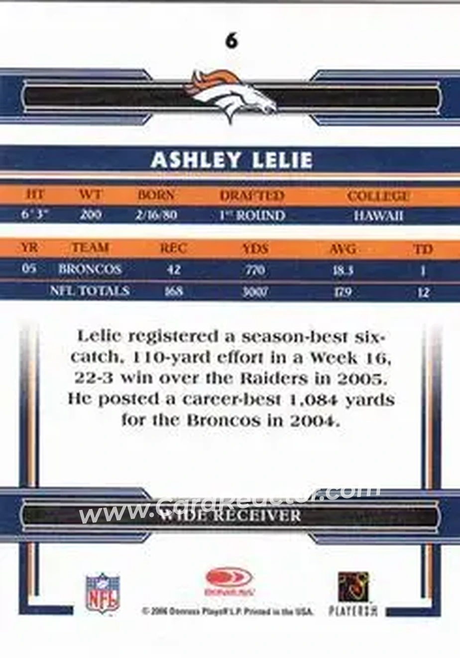 2006 Donruss Threads #6 - Ashley Lelie - Denver Broncos - Back