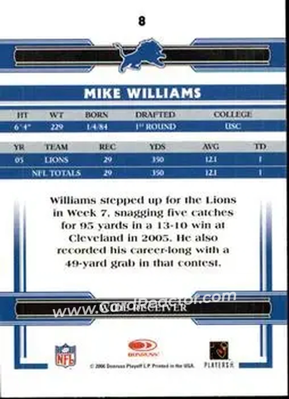 2006 Donruss Threads #8 - Mike Williams - Detroit Lions - Back