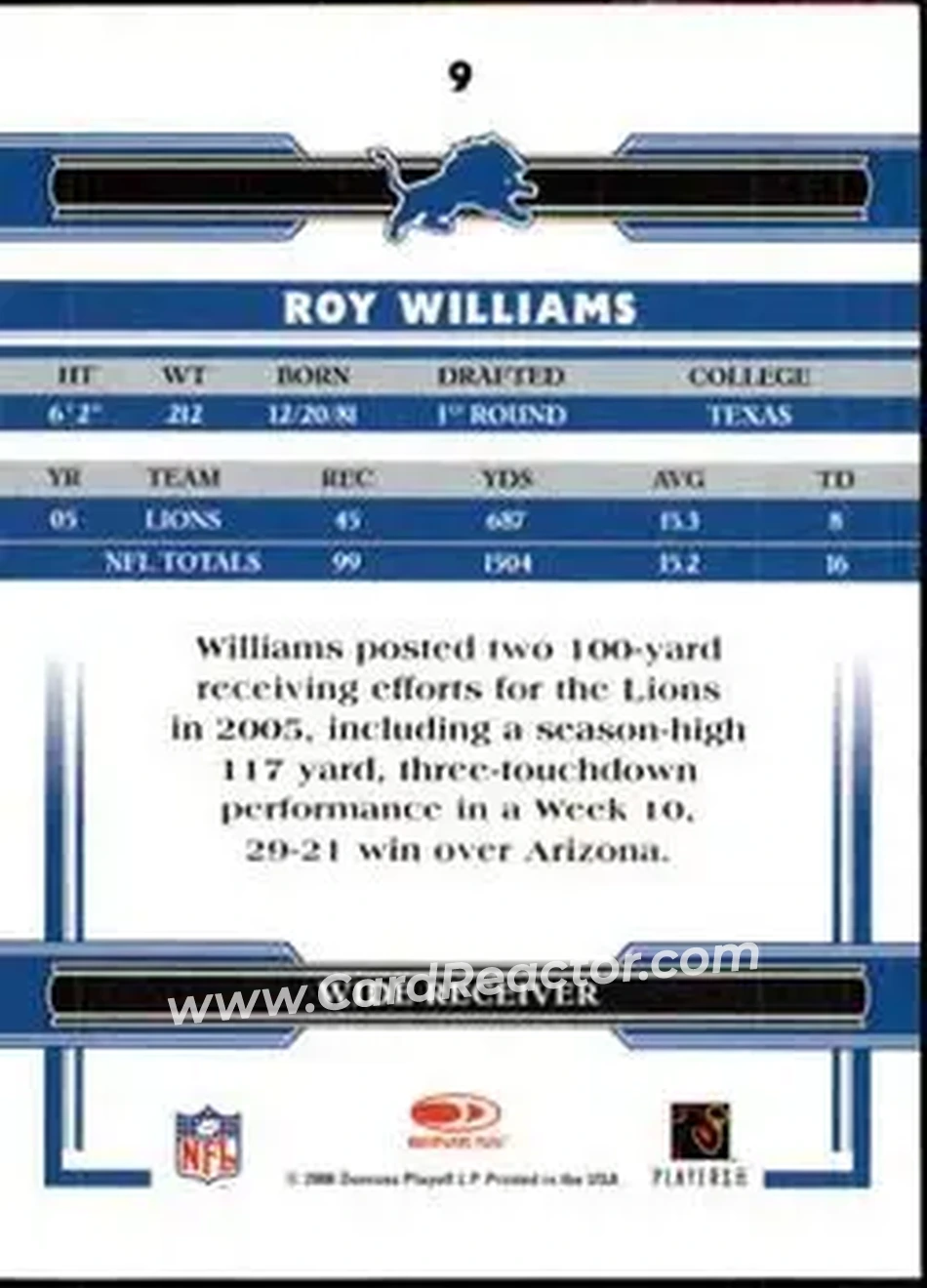 2006 Donruss Threads #9 - Roy Williams - Detroit Lions - Back