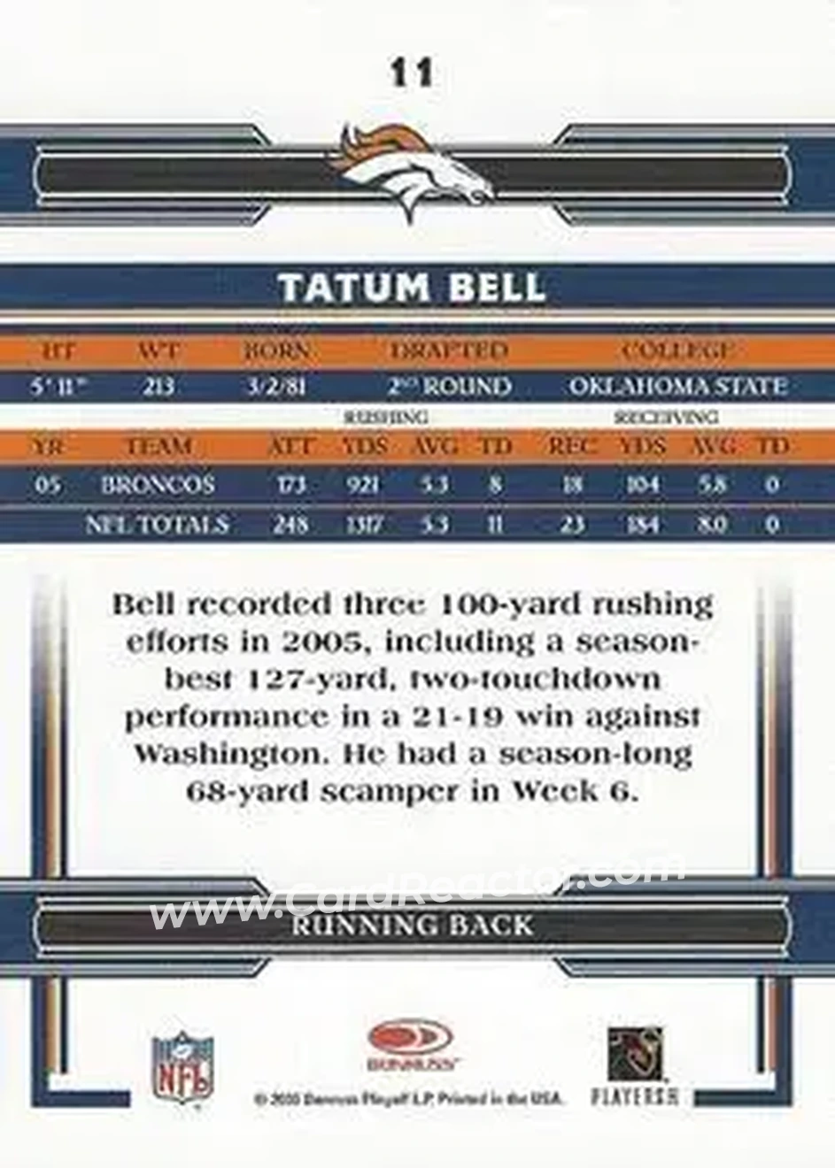 2006 Donruss Threads #11 - Tatum Bell - Denver Broncos - Back
