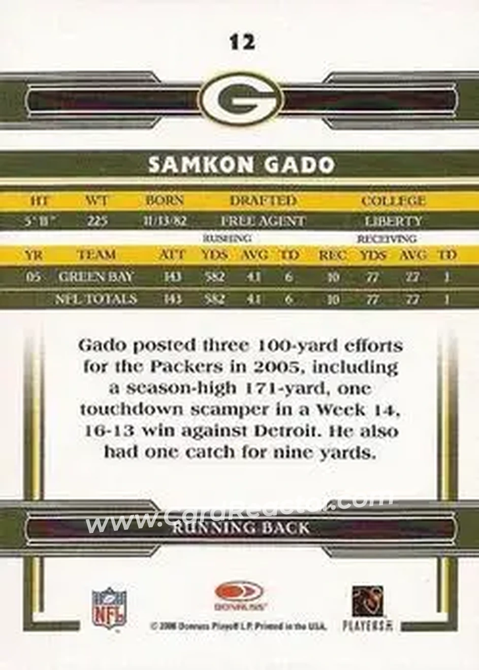 2006 Donruss Threads #12 - Samkon Gado - Green Bay Packers - Back