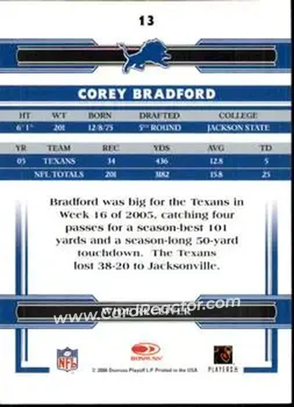 2006 Donruss Threads #13 - Corey Bradford - Detroit Lions - Back