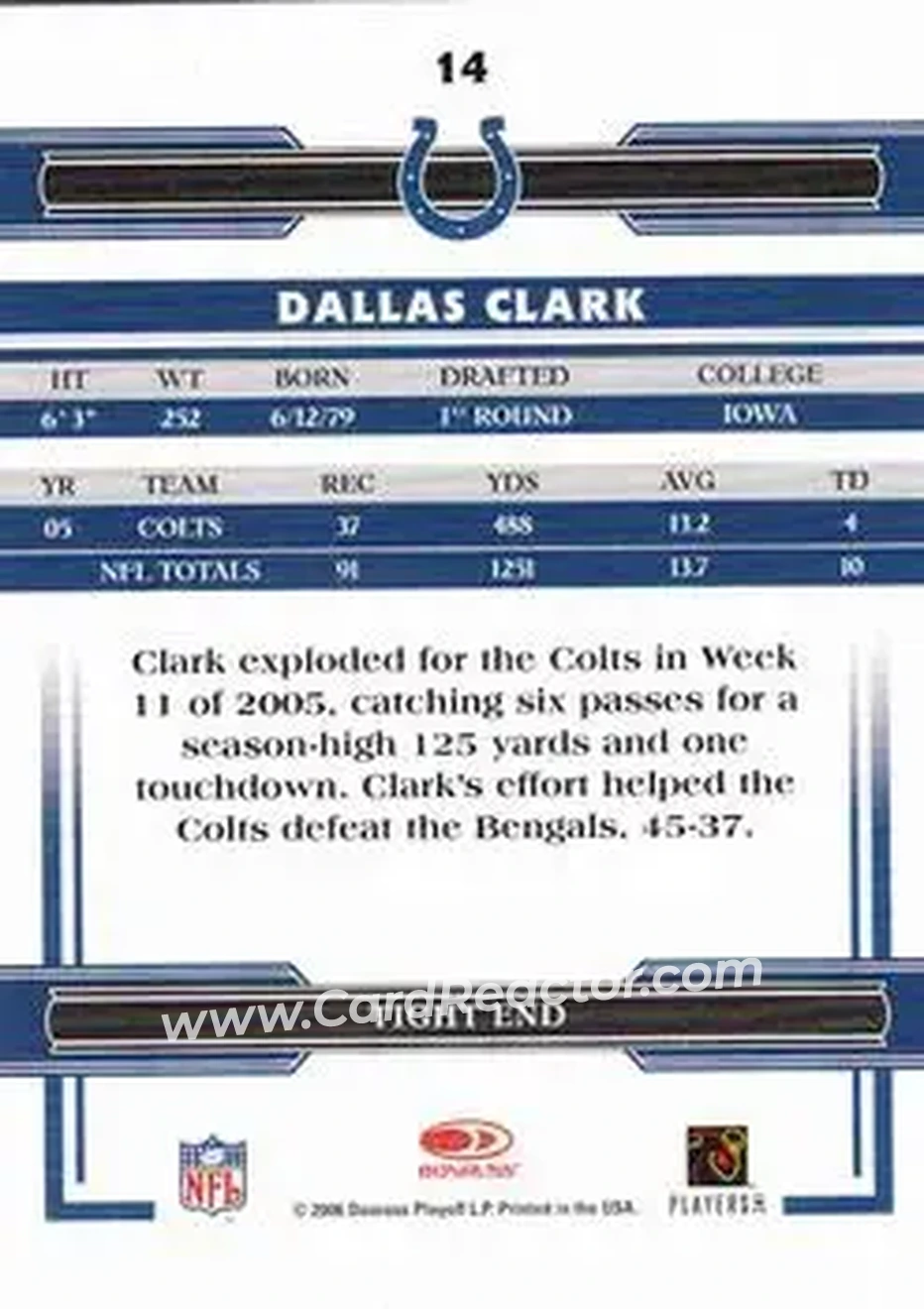 2006 Donruss Threads #14 - Dallas Clark - Indianapolis Colts - Back