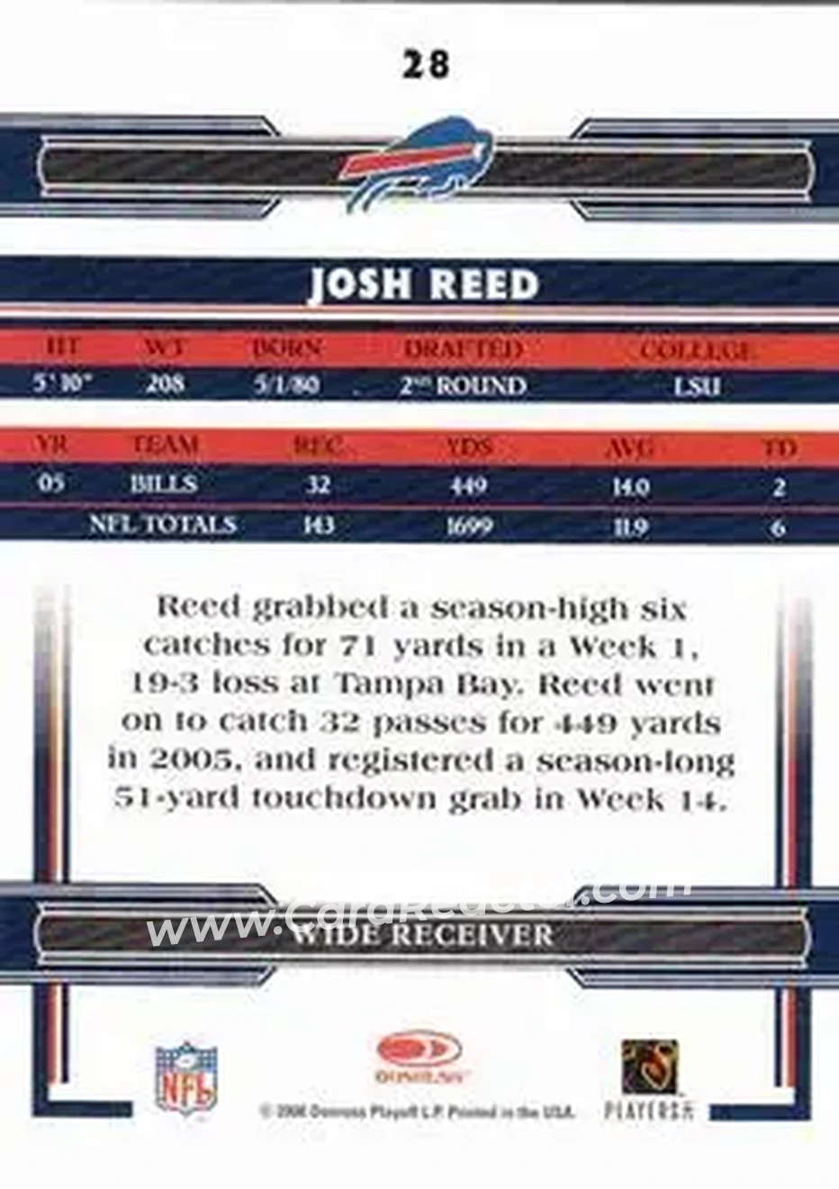 2006 Donruss Threads #28 - Josh Reed - Buffalo Bills - Back
