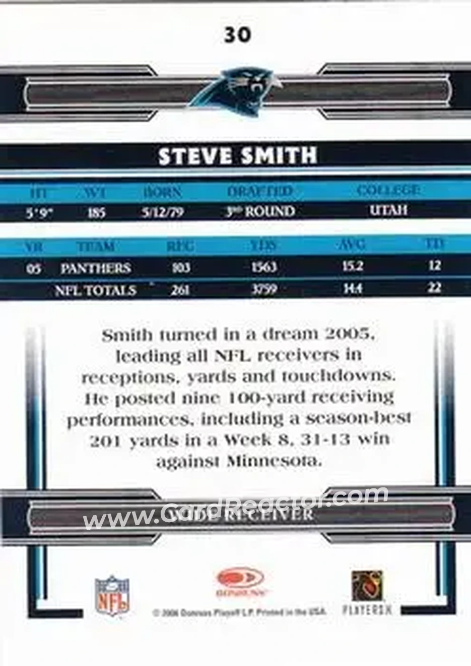 2006 Donruss Threads #30 - Steve Smith Sr. - Carolina Panthers - Back