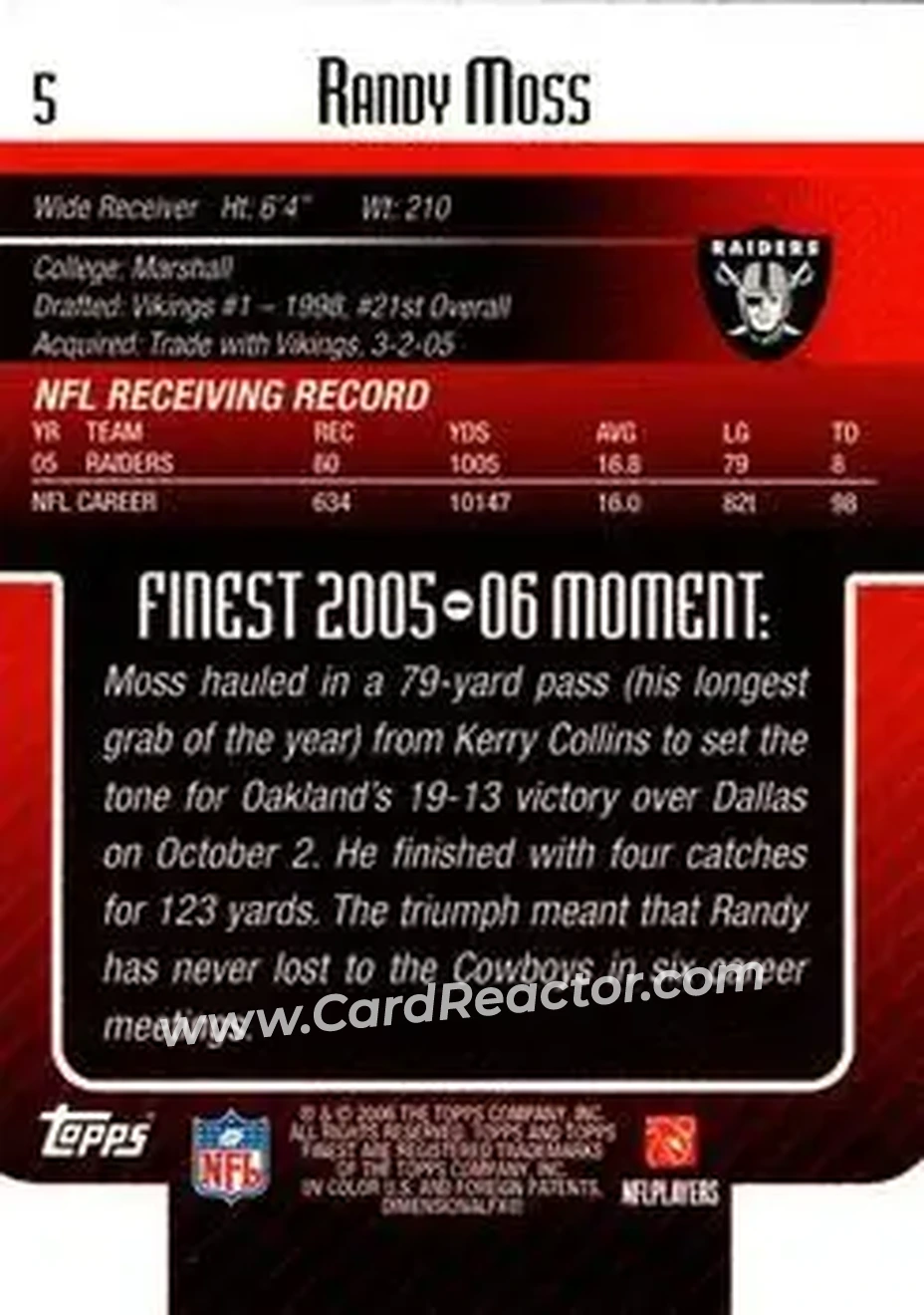 2006 Finest #5 - Randy Moss - Oakland Raiders - Back