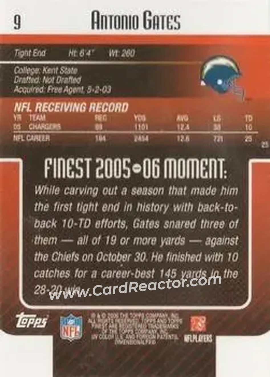2006 Finest #9 - Antonio Gates - San Diego Chargers - Back 2006 Finest #9 - Antonio Gates - San Diego Chargers - Back