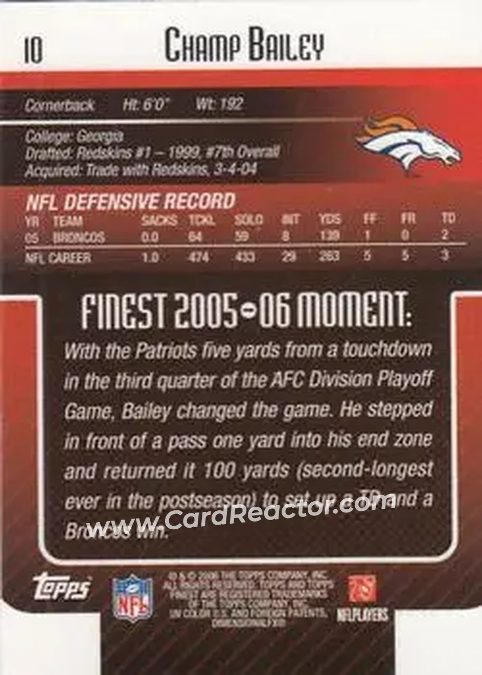 2006 Finest #10 - Champ Bailey - Denver Broncos - Back