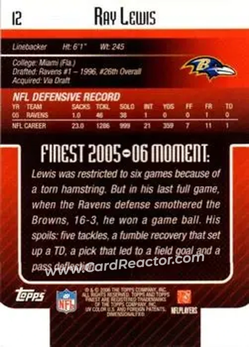 2006 Finest #12 - Ray Lewis - Baltimore Ravens - Back 2006 Finest #12 - Ray Lewis - Baltimore Ravens - Back