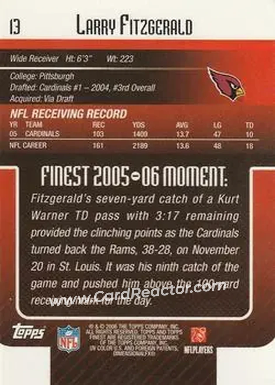 2006 Finest #13 - Larry Fitzgerald - Arizona Cardinals - Back 2006 Finest #13 - Larry Fitzgerald - Arizona Cardinals - Back