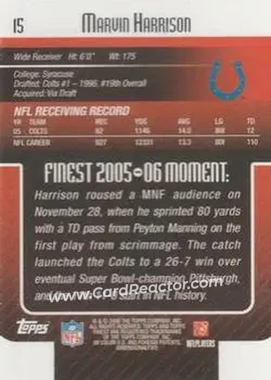 2006 Finest #15 - Marvin Harrison - Indianapolis Colts - Back 2006 Finest #15 - Marvin Harrison - Indianapolis Colts - Back