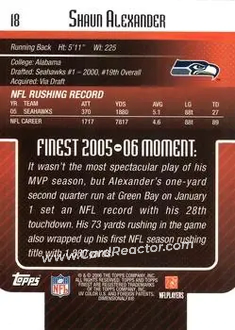 2006 Finest #18 - Shaun Alexander - Seattle Seahawks - Back