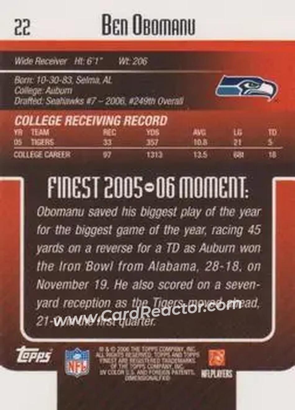 2006 Finest #22 - Ben Obomanu - Seattle Seahawks - Back