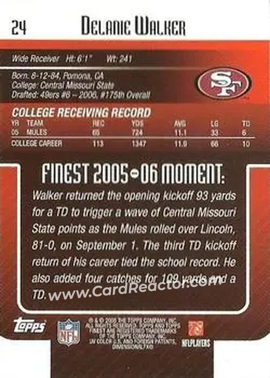 2006 Finest #24 - Delanie Walker - San Francisco 49ers - Back