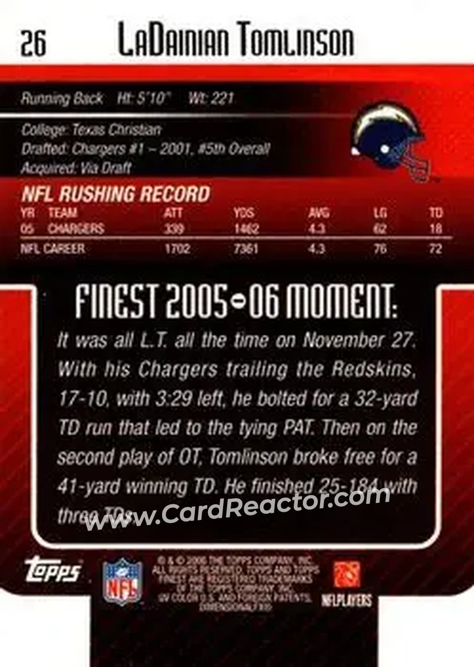 2006 Finest #26 - LaDainian Tomlinson - San Diego Chargers - Back
