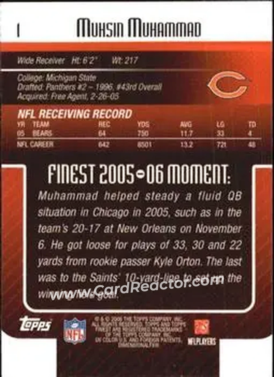 2006 Finest #1 - Muhsin Muhammad - Chicago Bears - Back