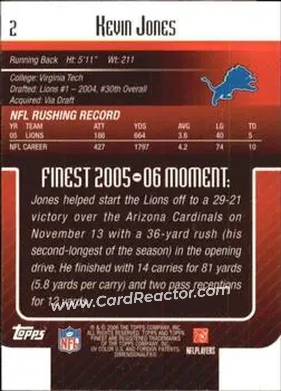 2006 Finest #2 - Kevin Jones - Detroit Lions - Back