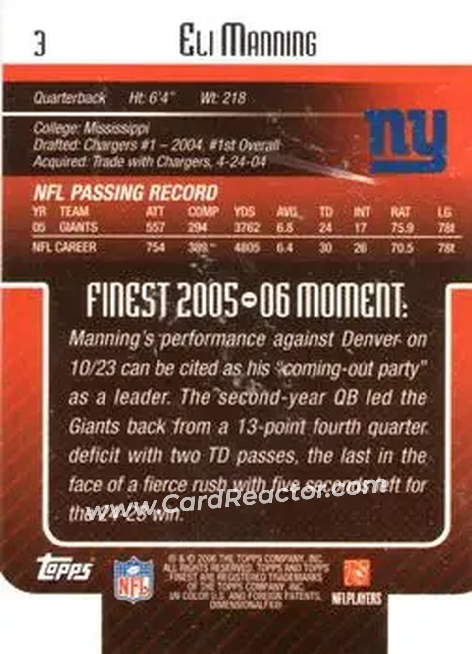 2006 Finest #3 - Eli Manning - New York Giants - Back