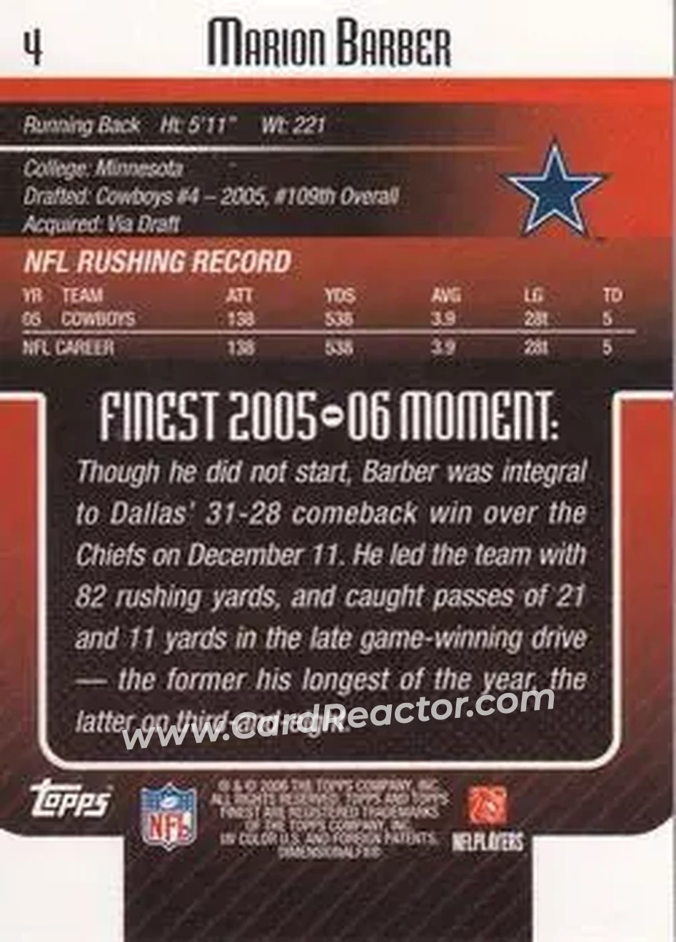 2006 Finest #4 - Marion Barber - Dallas Cowboys - Back