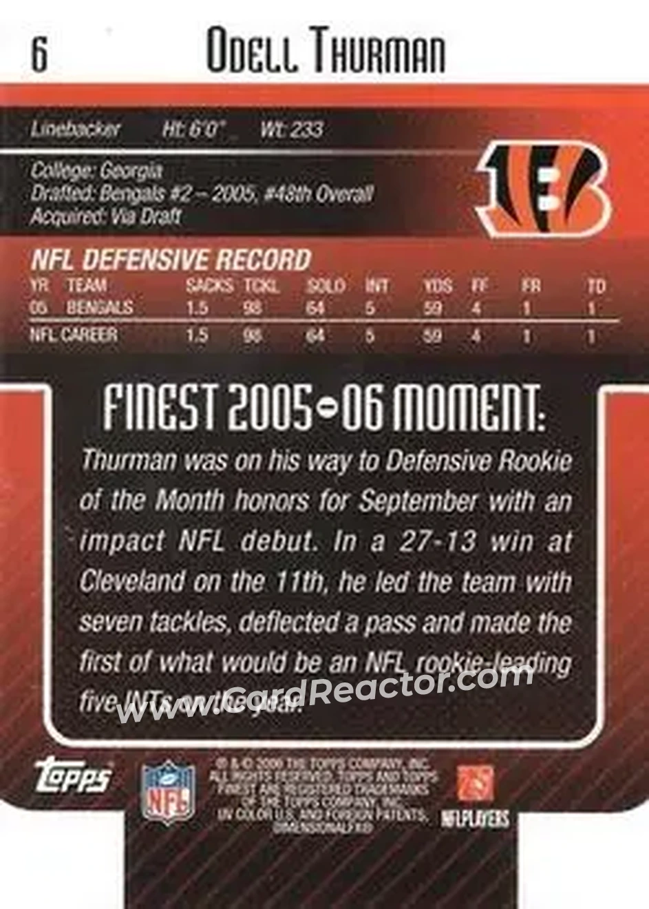 2006 Finest #6 - Odell Thurman - Cincinnati Bengals - Back