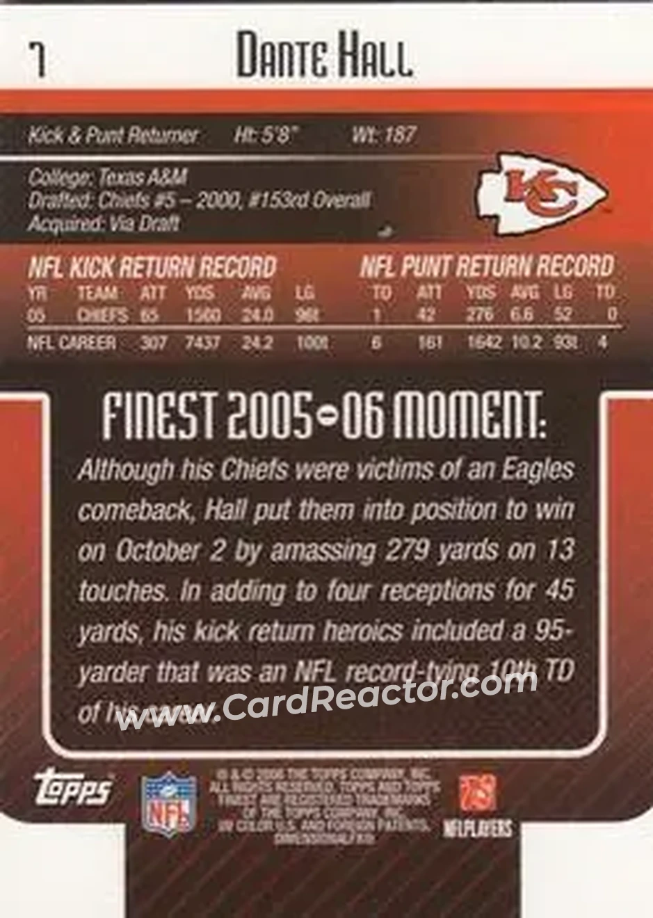 2006 Finest #7 - Dante Hall - Kansas City Chiefs - Back