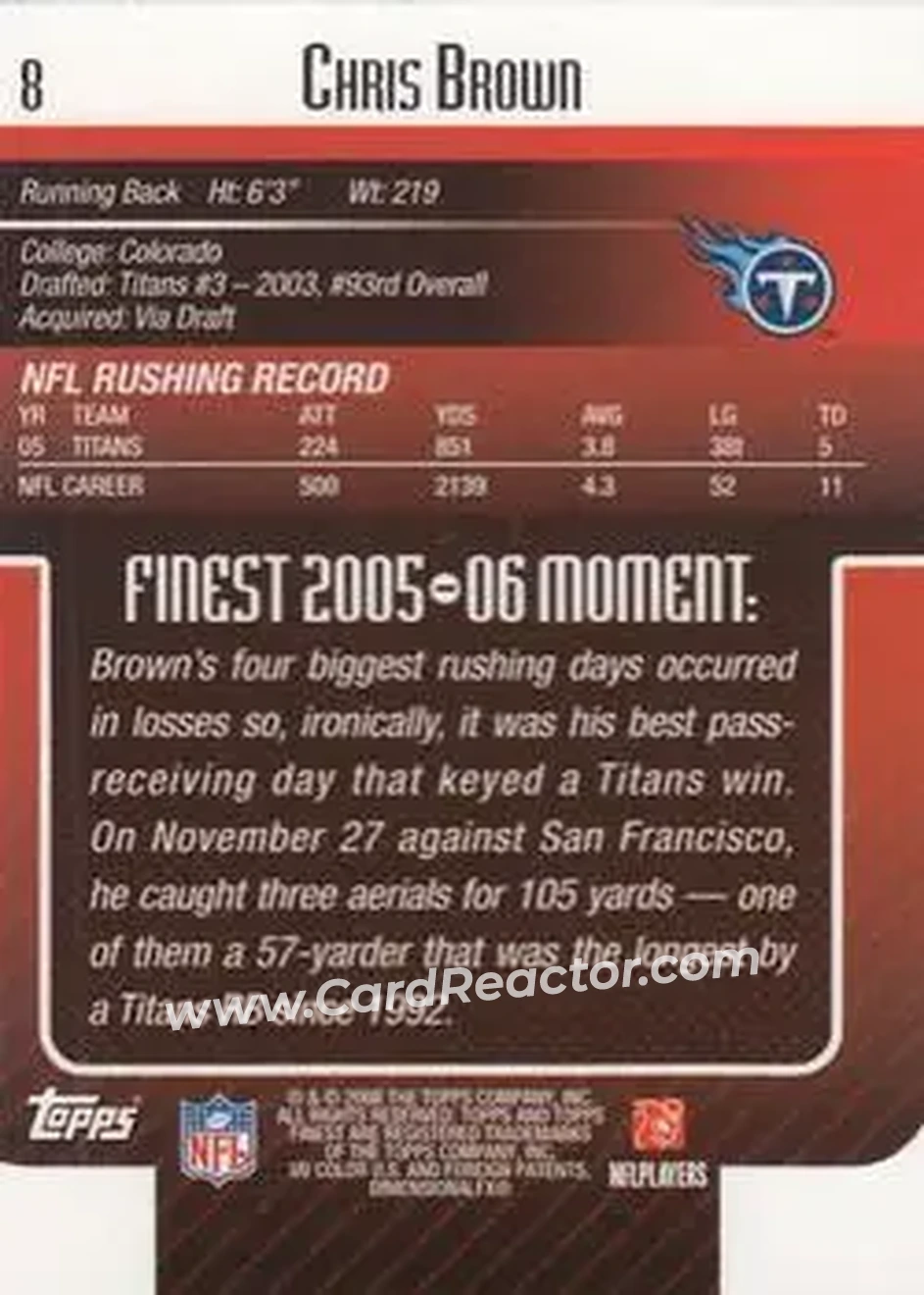 2006 Finest #8 - Chris Brown - Tennessee Titans - Back