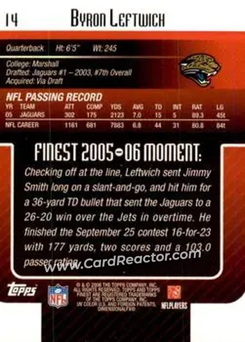 2006 Finest #14 - Byron Leftwich - Jacksonville Jaguars - Back