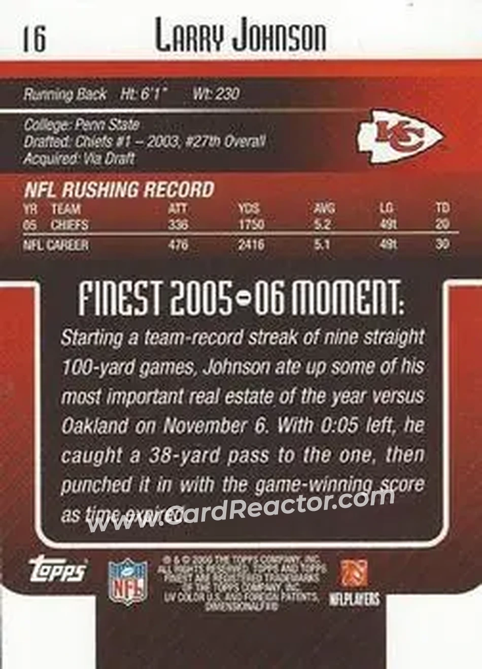 2006 Finest #16 - Larry Johnson - Kansas City Chiefs - Back 2006 Finest #16 - Larry Johnson - Kansas City Chiefs - Back