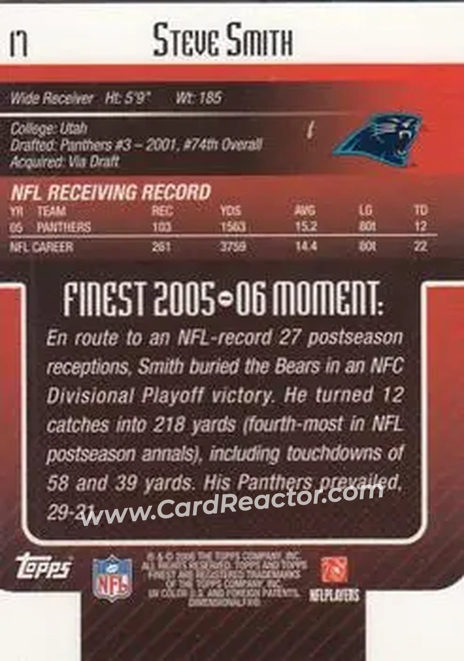 2006 Finest #17 - Steve Smith Sr. - Carolina Panthers - Back