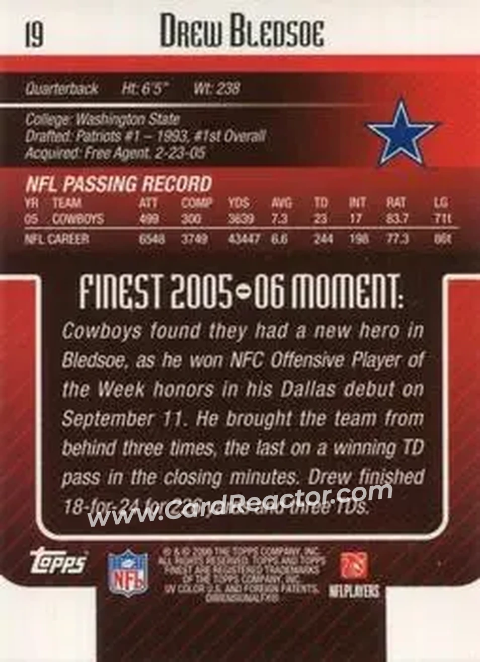 2006 Finest #19 - Drew Bledsoe - Dallas Cowboys - Back