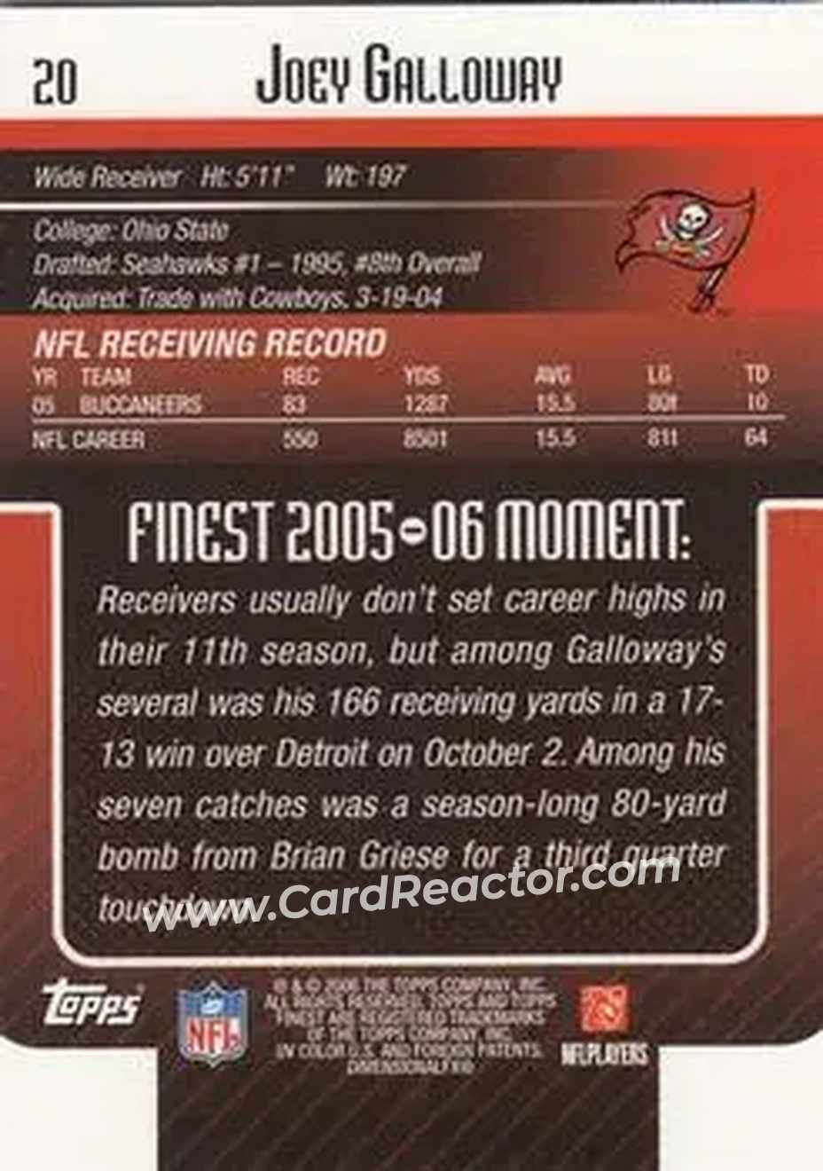 2006 Finest #20 - Joey Galloway - Tampa Bay Buccaneers - Back