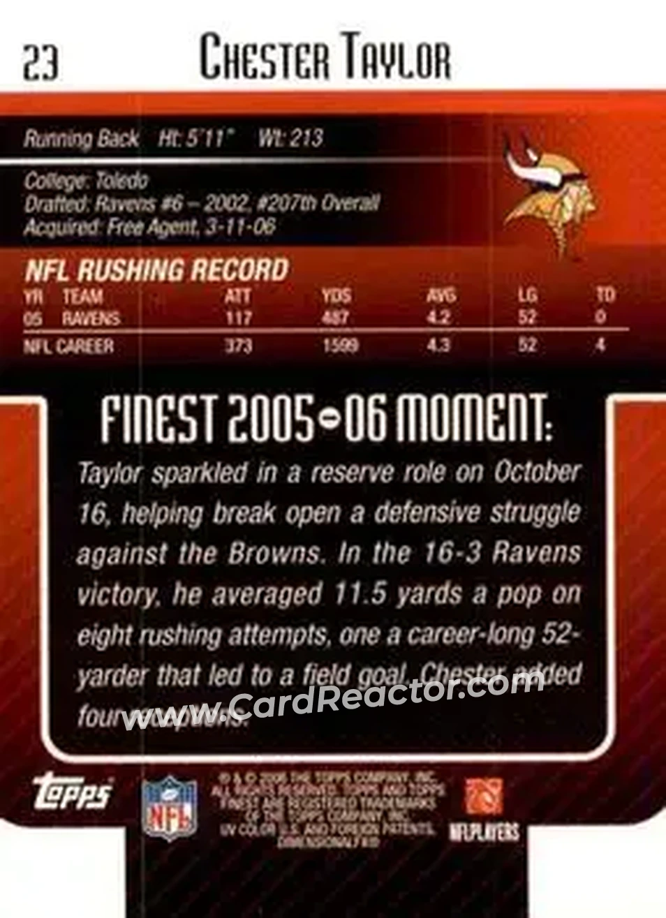2006 Finest #23 - Chester Taylor - Minnesota Vikings - Back