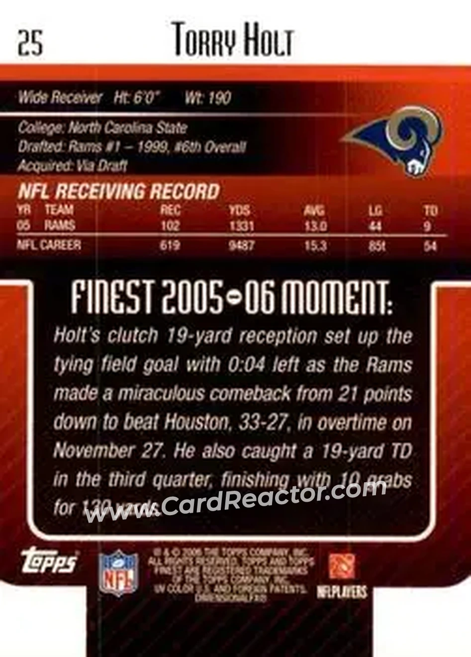 2006 Finest #25 - Torry Holt - St. Louis Rams - Back