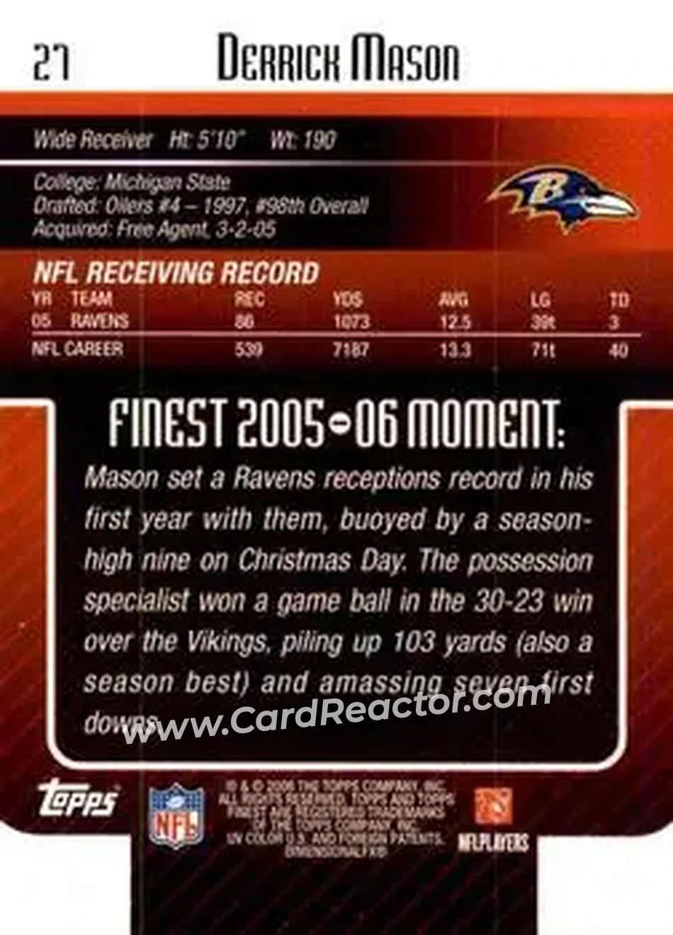 2006 Finest #27 - Derrick Mason - Baltimore Ravens - Back
