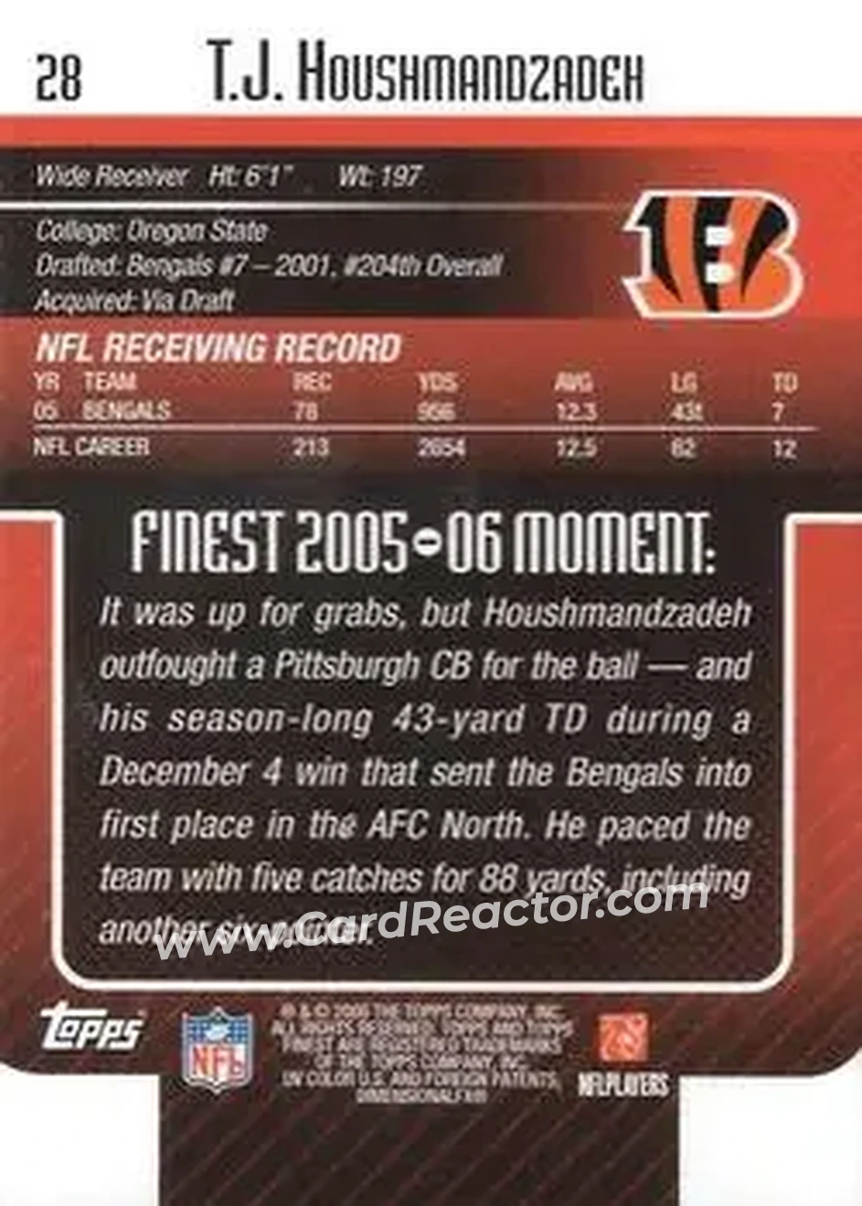 2006 Finest #28 - T.J. Houshmandzadeh - Cincinnati Bengals - Back