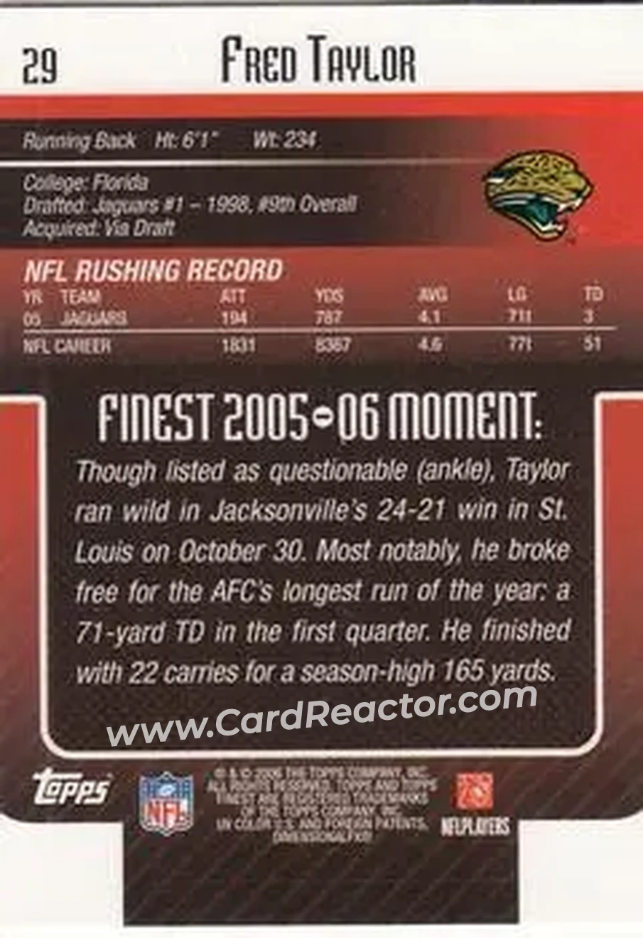 2006 Finest #29 - Fred Taylor - Jacksonville Jaguars - Back