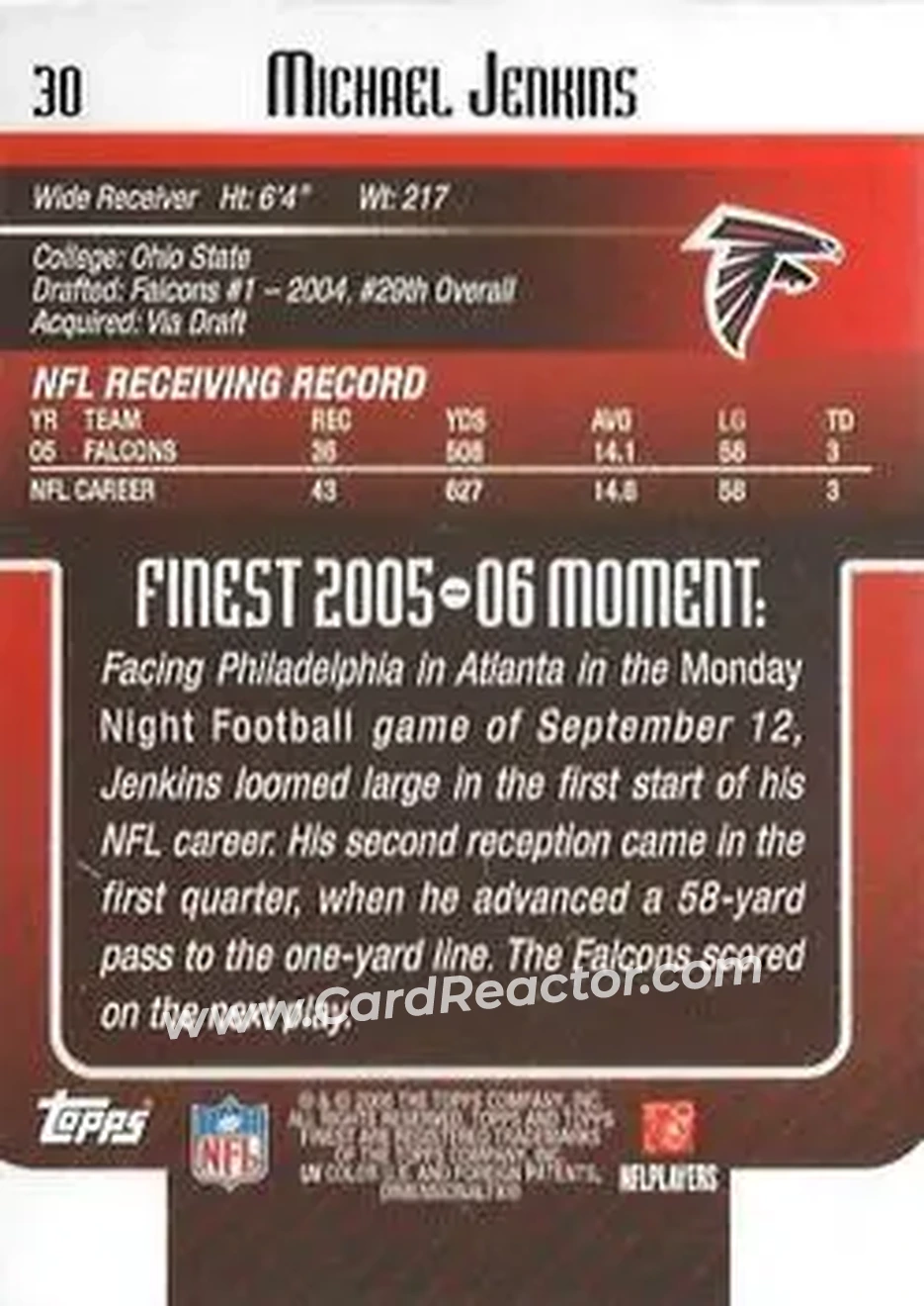 2006 Finest #30 - Michael Jenkins - Atlanta Falcons - Back