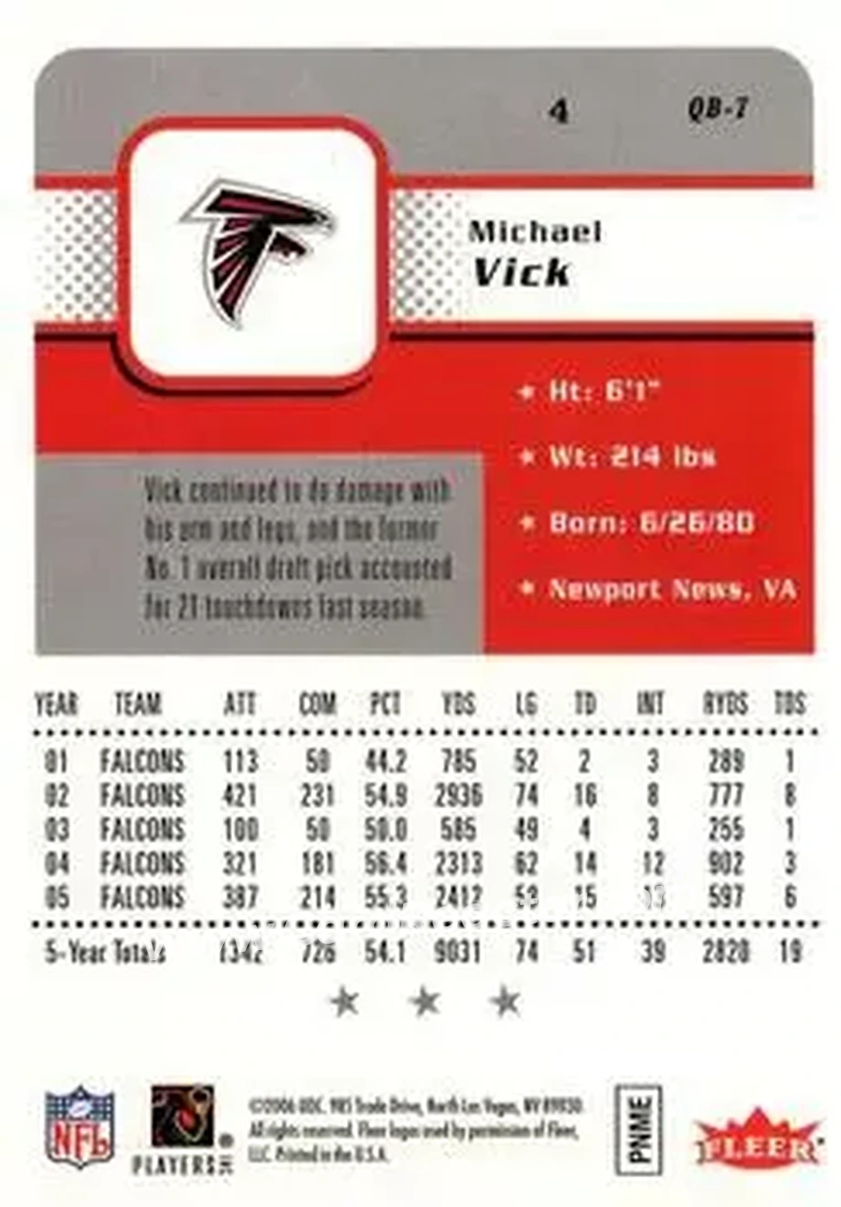2006 Fleer #4 - Michael Vick - Atlanta Falcons - Back